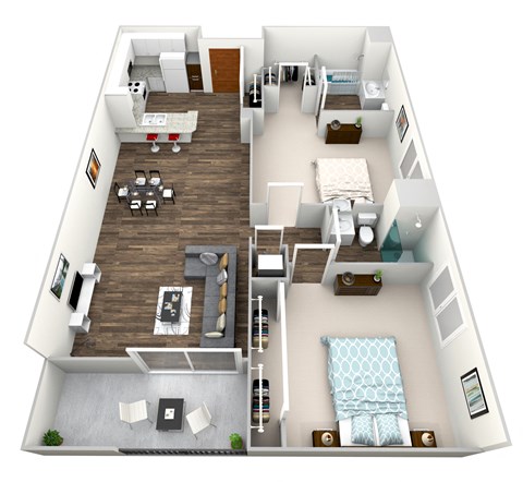 Floor plan for 2 beds, 2 baths, 1037 sqft
